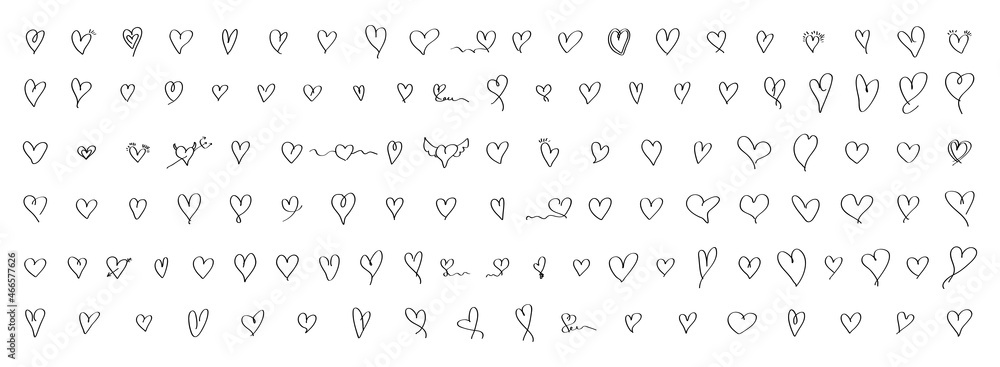 Hand drawn love hearts collection. Hand drawn doodle lines. Elements for Valentine's Day. Isolated on white. Vector illustration.