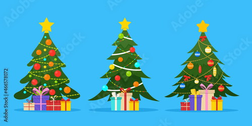 Vector illustration of Christmas trees set. Decorated winter tree with gifts, garland lights, decoration balls and lamps.