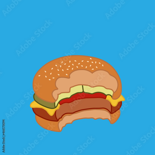 Vector illustration of bitten hamburger filled with cooked meat and cheese, business and restaurant themes, suitable for advertising food products