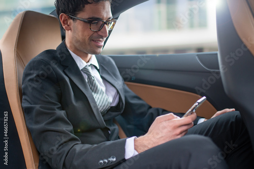 Businessman using his smartphone in a car's backseat © Minerva Studio