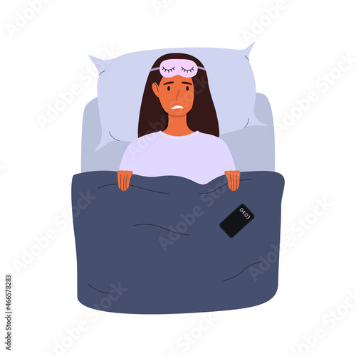 A flat vector cartoon illustration of a woman lying in bed and unable to fall asleep. The concept of insomnia, sleep disorders.