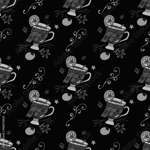 Hand-drawn seamless pattern with mulled wine. Festive drink on a black background for cards, covers, wrapping. Vector illustration. 
