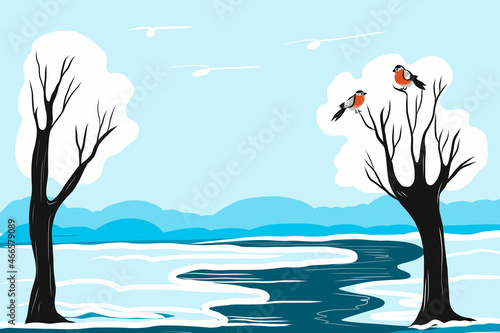 Winter landscape with a river and bullfinches on a tree.