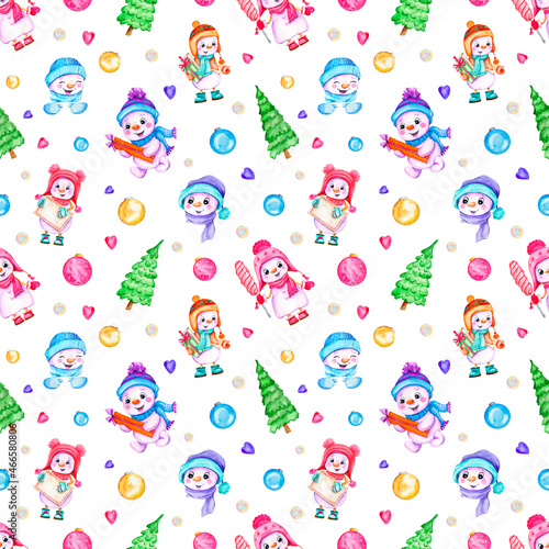 pattern on a white background snowmen and Christmas trees