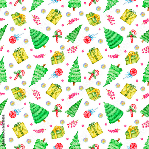 pattern on a white background of Christmas trees and gifts