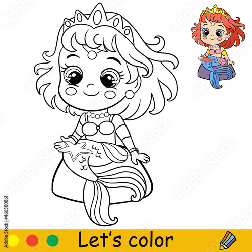 Vector cute mermaid looking on a starfish coloring