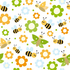 Stickers Bloemenmotief patronen Bijtjes en vlinders tussen vrolijke bloemen  © Evalinda