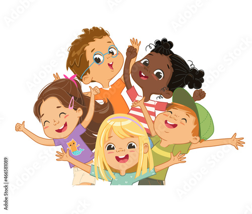 Group of multicultural happy children smile and wave their hands. Funny cartoon character. Vector illustration. Isolated on white background.