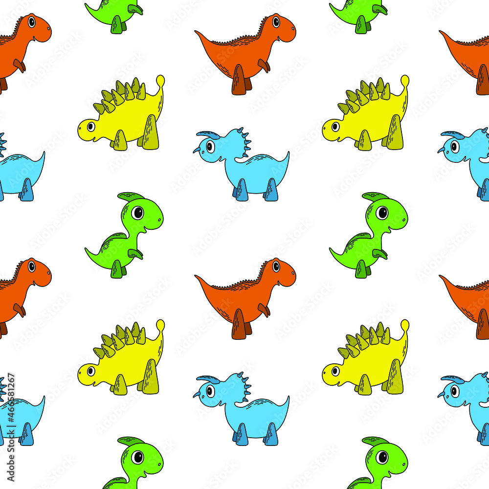 Children seamless bright pattern with four cartoon dinosaurs. Vector illustration with kids cute characters for wallpaper, wrapping paper, fabric, textile, background. Children seamless bright pattern with four cartoon dinosaurs. Vector illustration with kids cute characters for wallpaper, wrapping paper, fabric, textile, background.