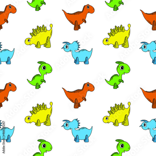 Children seamless bright pattern with four cartoon dinosaurs. Vector illustration with kids cute characters for wallpaper  wrapping paper  fabric  textile  background.