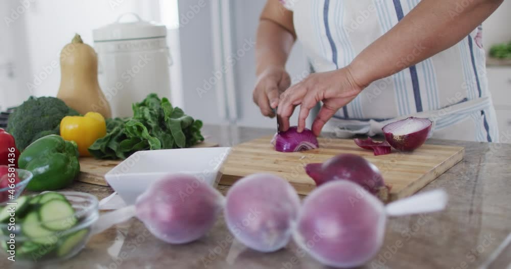 Midsection of african american senior woman preparing food in kitchen, chopping onions Midsection of african american senior woman preparing food in kitchen, chopping onions