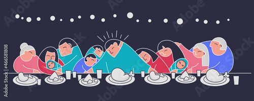 Stylization last supper flat collection family trendy flat people. Christmas dinner Turkey table. Daughter, mom, father, grandparents christian poster cartoon style. Merry Christmas trendy people.