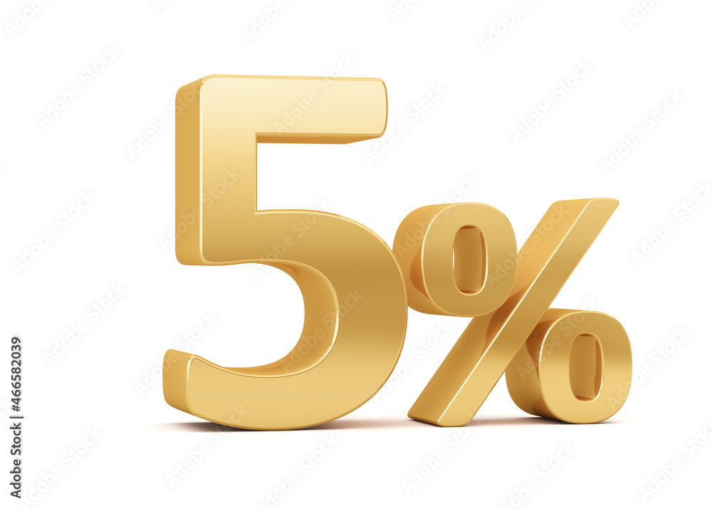 Gold five percent isolated on white background. 5% discount on sale. 3d rendering. Illustration for business ideas. Gold five percent isolated on white background. 5% discount on sale. 3d rendering. Illustration for business ideas.