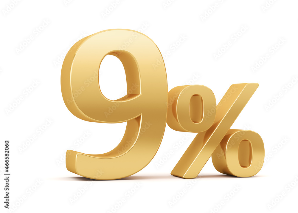 Gold nine percent isolated on white background. 9% discount on sale. 3d rendering. Illustration for business ideas. Gold nine percent isolated on white background. 9% discount on sale. 3d rendering. Illustration for business ideas.