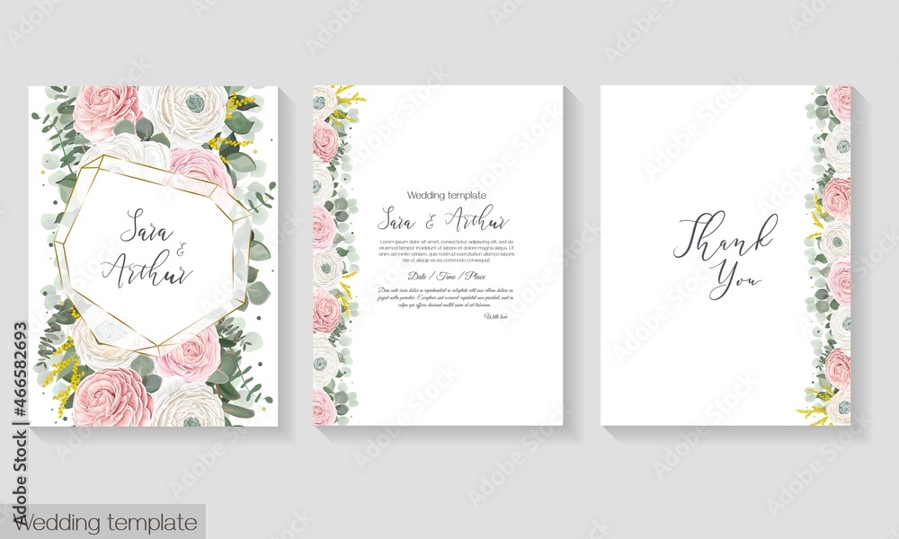 Wedding card with flowers. Floral vector frame design. Roses, ranunculus, eucalyptus and green plants. Elements are isolated and editable. Wedding card with flowers. Floral vector frame design. Roses, ranunculus, eucalyptus and green plants. Elements are isolated and editable.