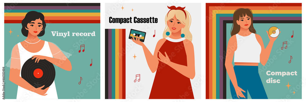 Media for recording music, from vinyl records to CDs. 1930s, 1960s, 1990s year. Womens with music disk. Retro style vector illustration Media for recording music, from vinyl records to CDs. 1930s, 1960s, 1990s year. Womens with music disk. Retro style vector illustration