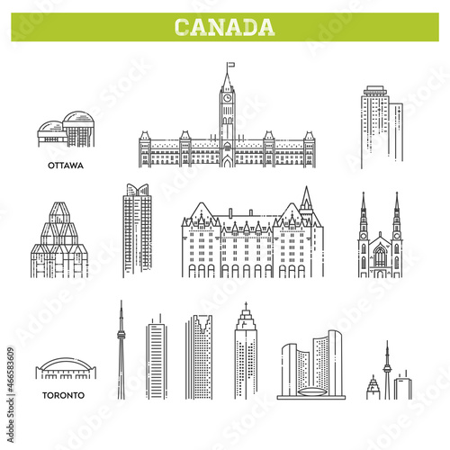 Canada. Vector icon set representing global tourist american landmarks and travel destinations for vacations