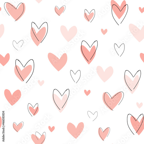 Seamless pattern with funny red hearts in simple lines. Print for the Valentine's Day holiday. Vector graphics.