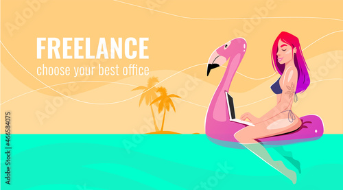 beautiful girl in bikini works on a laptop, possibly participates in a video conference while sitting on an inflatable flamingo. Freelance, summer, tropical paradise. Vector illustration