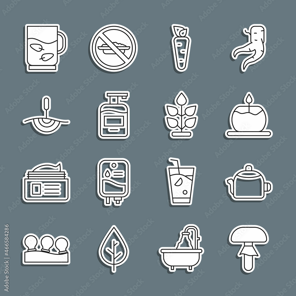 Set line Mushroom, Kettle with handle, Aroma candle, Carrot, Bottle of liquid soap, Acupuncture therapy, Cup tea leaf and Plant icon. Vector