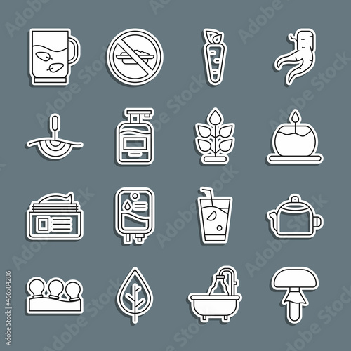 Set line Mushroom, Kettle with handle, Aroma candle, Carrot, Bottle of liquid soap, Acupuncture therapy, Cup tea leaf and Plant icon. Vector