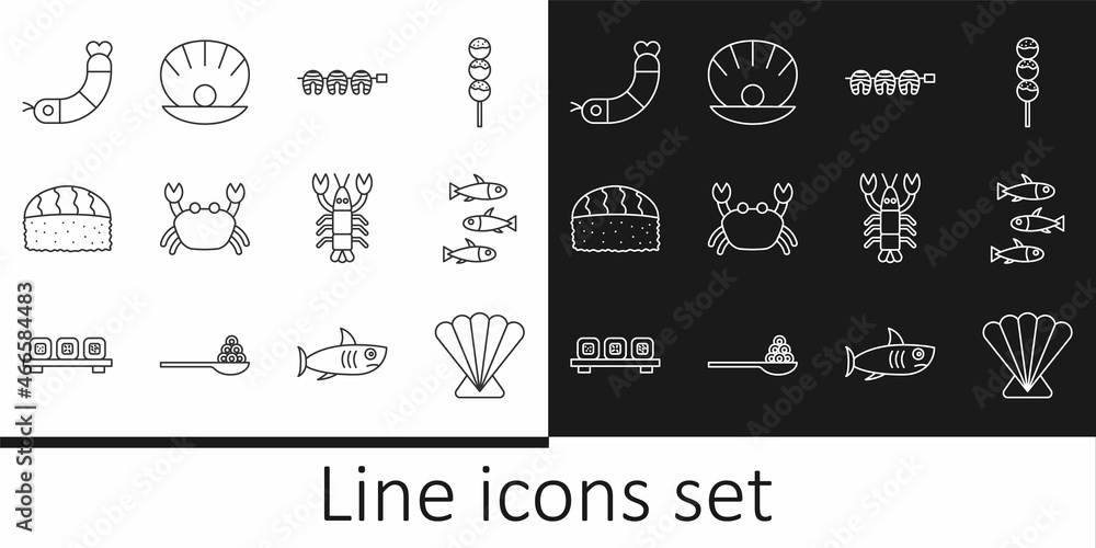 Set line Scallop sea shell, Fishes, Grilled fish steak, Crab, Sushi, Shrimp, Lobster and Shell with pearl icon. Vector