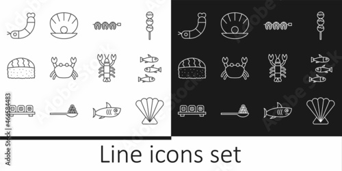 Set line Scallop sea shell, Fishes, Grilled fish steak, Crab, Sushi, Shrimp, Lobster and Shell with pearl icon. Vector