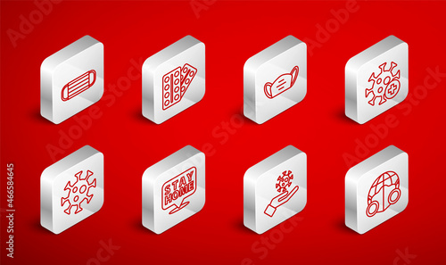 Set line Earth with medical mask, Pills in blister pack, Medical protective, Positive virus, Hand, Stay home and Virus icon. Vector
