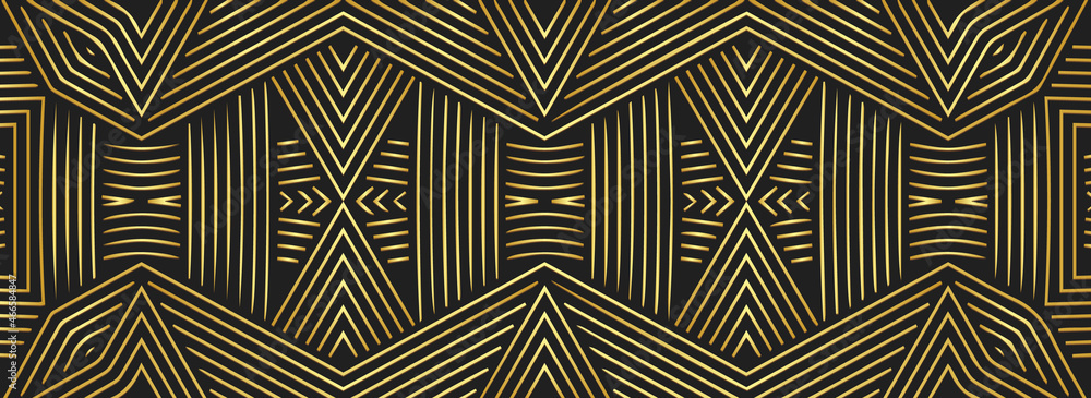 Banner, cover modern design. Geometric ethnic gold shiny 3d pattern on black background. Vector graphics for business background, magazine layout, brochure, booklet, flyer.