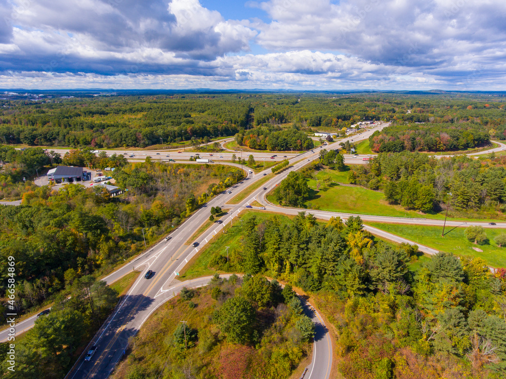 Interstate Highway 95 in Maine at Exit 2 with US Route 1 interchange aerial view in fall in town of Kittery, Maine ME, USA. 