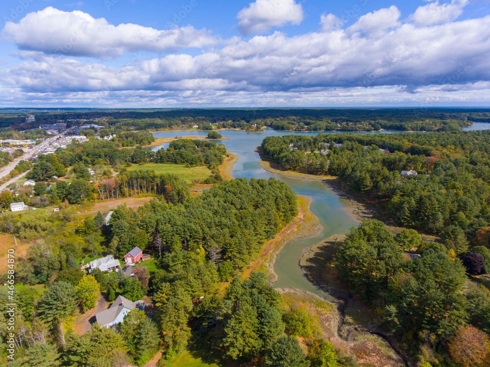 Spruce Creek and marsh aerial view in fall near Piscataqua River mouth to Portsmouth Harbor in town of Kittery, Maine ME, USA. 