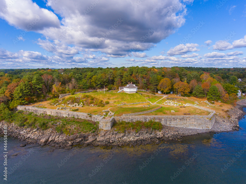 Fototapeta premium Fort McClary aerial view in fall on Piscataqua River at Portsmouth Harbor in Kittery Point, town of Kittery, Maine ME, USA. 