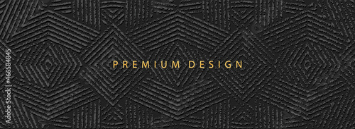 Banner, modern cover design.Dynamic geometric ethnic 3d pattern on black background, embossed grunge texture.Vector graphics for business background, magazine layout, brochure, booklet, flyer.