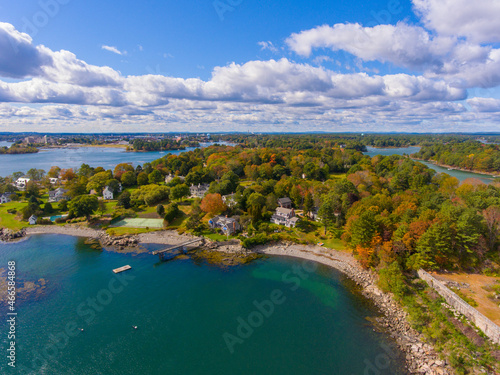 Kittery Point coast aerial view from Piscataqua River near the river mouth in Portsmouth Harbor in town of Kittery, Maine ME, USA. 