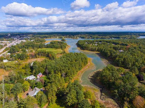 Fototapeta Naklejka Na Ścianę i Meble -  Spruce Creek and marsh aerial view in fall near Piscataqua River mouth to Portsmouth Harbor in town of Kittery, Maine ME, USA. 