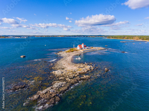 Wood Island Life Saving Station aerial view on Wood Island at the mouth of Piscataqua River in Portsmouth Harbor, Kittery, Maine ME, USA. 