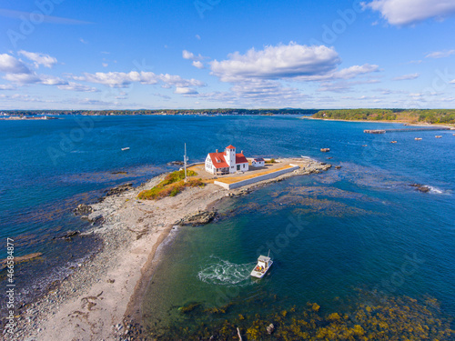 Wood Island Life Saving Station aerial view on Wood Island at the mouth of Piscataqua River in Portsmouth Harbor, Kittery, Maine ME, USA. 