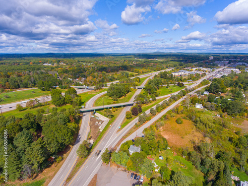 Interstate Highway 95 in Maine at Exit 2 with US Route 1 interchange aerial view in fall in town of Kittery, Maine ME, USA. 