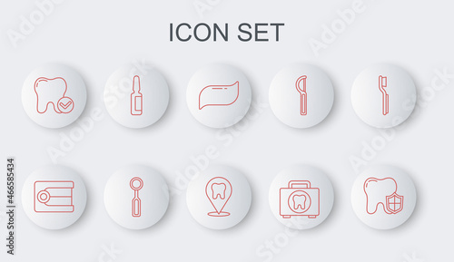 Set line Dental protection, Dentures model, Toothpaste, First aid kit, whitening concept, Painkiller tablet, inspection mirror and clinic location icon. Vector