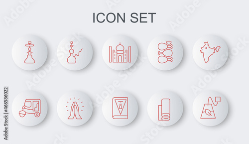 Set line Tea bag, Taxi tuk tuk, Taj Mahal, Indian textile fabric, Hookah, Hands in praying position and constitution day icon. Vector