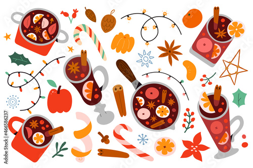 Christmas mulled wine drink, glintwine in glasses, mugs, pot, red wine with spice, apple and orange fruit, celebration decoration, hand drawn vector illustrations, fruit punch for new year celebration