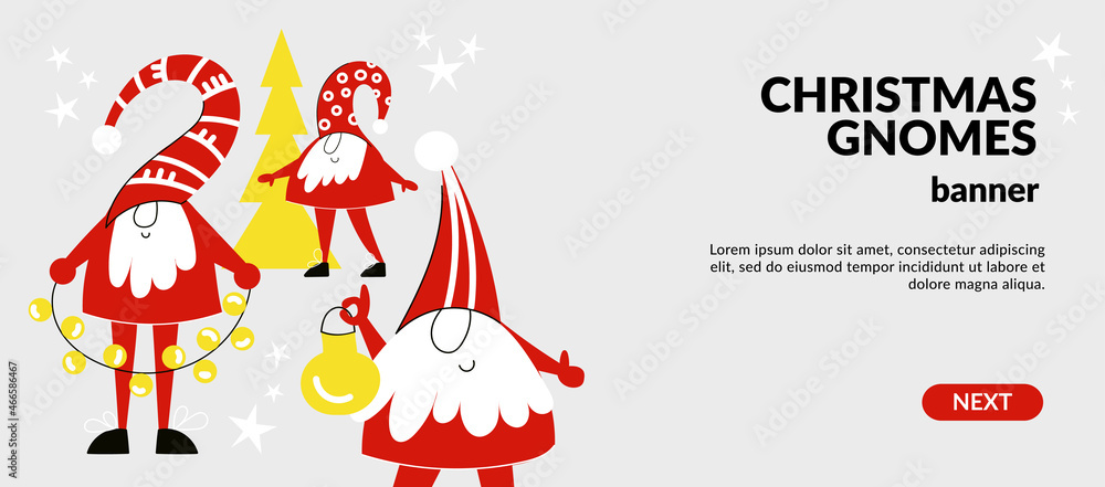 Gnomes on Christmas and New year banner, flyer, website landing page template. Cute Dwarf in simple scandinavian nordic style. Noel or Elf flat vector cartoon illustration, Holiday greeting card