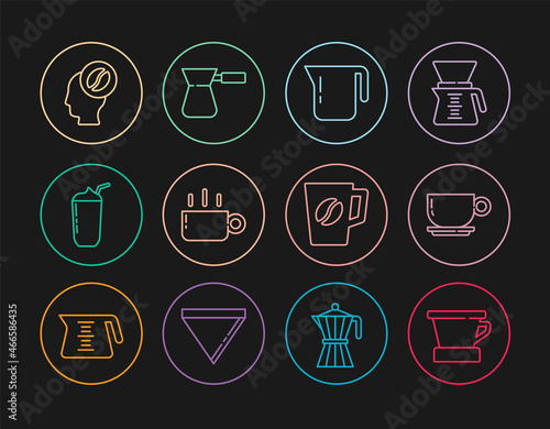 Set line V60 coffee maker, Coffee cup, pot, Milkshake, Barista, and turk icon. Vector