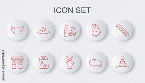 Set line Eiffel tower, Triumphal Arch, Wine bottle with cheese, French beret, Croissant, Elegant women hat, package and Windmill icon. Vector