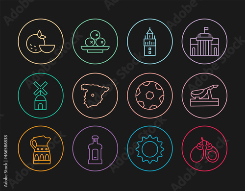 Set line Castanets, Spanish jamon, Giralda, Map of Spain, Windmill, Orange fruit, Football ball and Olives plate icon. Vector