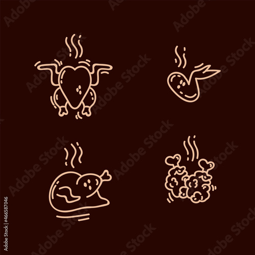 A set of chicken icons. Organic pictograms of fried poultry food. Icons for the menu with grilled  breast and chicken legs. Vector illustration