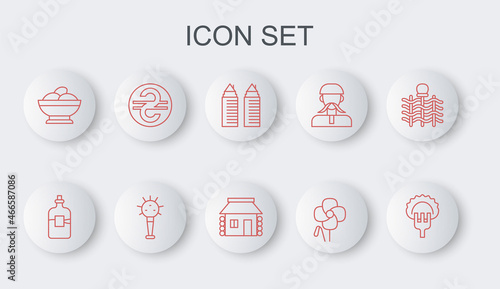 Set line Dumplings on fork, Bottle of vodka, Two towers Dnipro, Poppy flower, Varenyky bowl, Ukrainian hryvnia, Mace and house icon. Vector