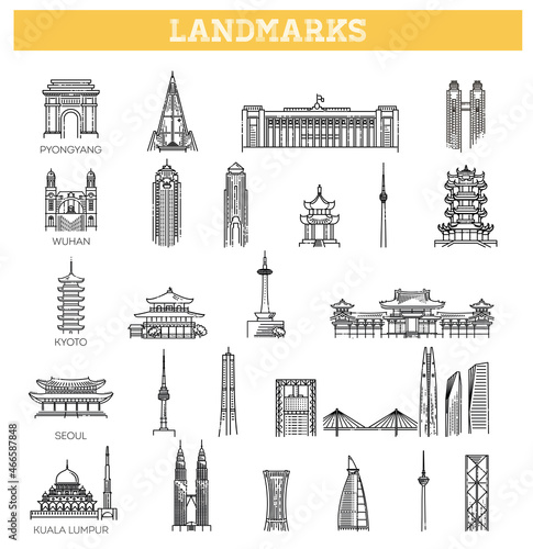 Simple linear Vector icon set representing global tourist asian landmarks and travel destinations for vacations