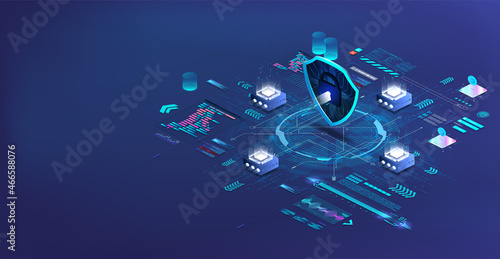 Cybersecurity of data, server, data center or network with blockchain system From attacks by hackers DDoS or viruses. The concept of a database system, servers or internal networks Internet protection