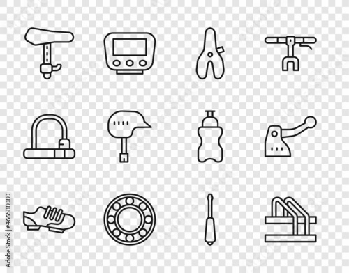 Set line Bicycle shoes, parking, seat, ball bearing, helmet, Screwdriver and brake icon. Vector